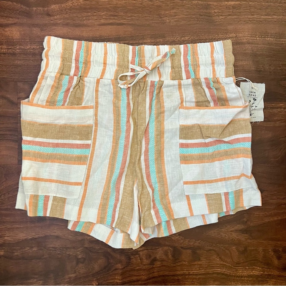 Indigo Rein Striped Linen & Rayon Casual Lounging Shorts Drawstring Size L NWT